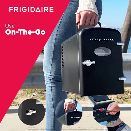 Frigidaire EFMIS175 Retro 9-Can Mini Personal Fridge Portable Cooler for Car, Office, Bedroom, Dorm Room, or Cabin, 11.8"D x 7.1"W x 10.1"H, Black