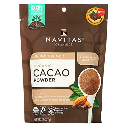 Navitas Organics Cacao Powder, Regenerative Organic Certified, Non-GMO, Fair Trade, Gluten-Free, 8oz. Bag, 15 Servings