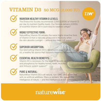 NatureWise Vitamin D3 1000iu (25 mcg) 1 Month Supply for Healthy Muscle Function, Bone Health and Immune Support, Non-GMO, Gluten Free in Cold-Pressed Olive Oil, Packaging May V, 30 Count