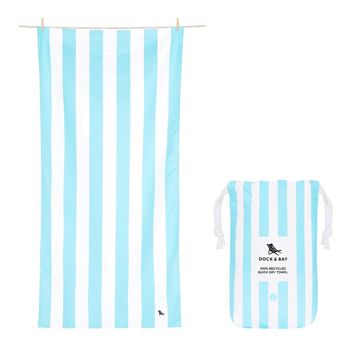 Dock & Bay Beach Towel - Quick Dry, Sand Free - Compact, Lightweight - 100% Recycled - includes Bag - Cabana - Bondi Blue - Extra Large (200x90cm, 78x35)