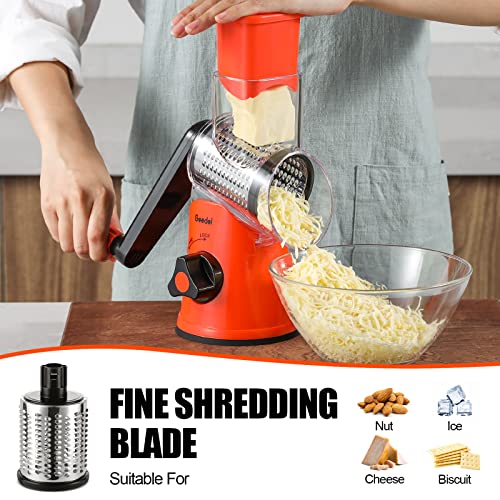 Geedel Rotary Cheese Grater, Kitchen Mandoline Vegetable Slicer with 3 Interchangeable Blades, Easy to Clean Grater for Fruit, Vegetables, Nuts