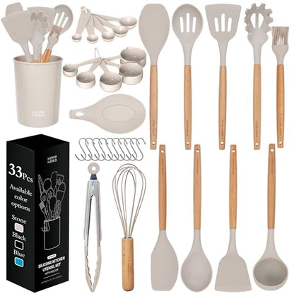 Home Hero 33 Pcs Silicone Kitchen Utensils Set, Non-Stick Silicone Cooking Utensils Set with Spatula, Wooden Handle Spatula, Silicone Kitchen Gadgets Utensil Set (33 Pcs - Blue)