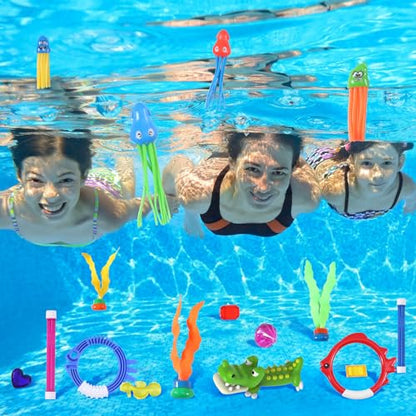 30 Packs Summer Pool Diving Swimming Essentials Toys for Kids, Fun Swim Games Sinking Set, Underwater Dive Gifts with Storage Bag Include Torpedo Gems Shark Rings Sea Animals for Boys Girls Toddlers