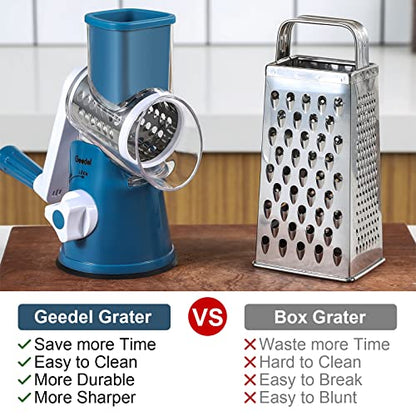 Geedel Rotary Cheese Grater, Kitchen Mandoline Vegetable Slicer with 3 Interchangeable Blades, Easy to Clean Grater for Fruit, Vegetables, Nuts