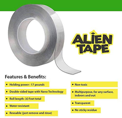 Bell+Howell ALIENTAPE Nano Double Sided Tape, Multipurpose Removable Adhesive Transparent, Grip Mounting, Washable Strong Sticky Heavy Duty for Carpet Photo Frame Poster Décor As Seen On TV