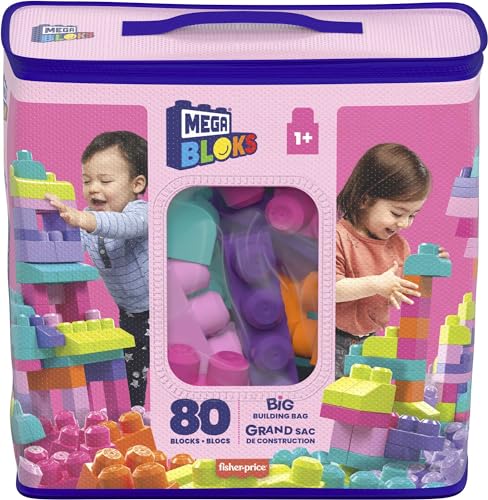 MEGA BLOKS First Builders Toddler Blocks Toys Set, Big Building Bag with 80 Pieces and Storage, Blue, Ages 1+ Years