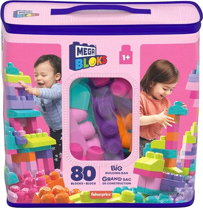 MEGA BLOKS First Builders Toddler Blocks Toys Set, Big Building Bag with 80 Pieces and Storage, Blue, Ages 1+ Years