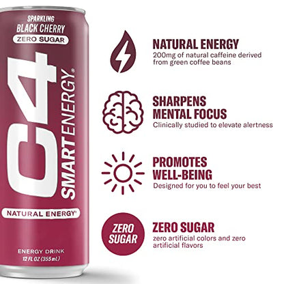 C4 Smart Energy Drink – Boost Focus and Energy with Zero Sugar, Natural Energy, and Nootropics - 200mg Caffeine - Cherry Berry Lime (12oz Pack of 12)