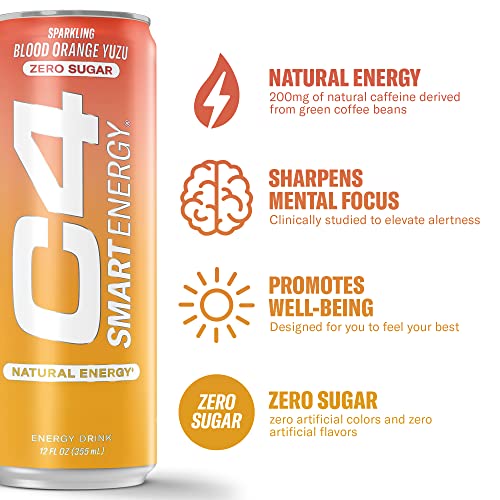 C4 Smart Energy Drink – Boost Focus and Energy with Zero Sugar, Natural Energy, and Nootropics - 200mg Caffeine - Cherry Berry Lime (12oz Pack of 12)