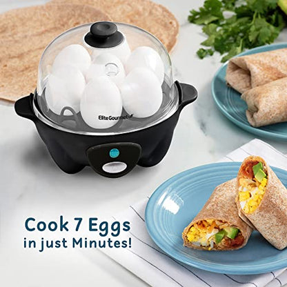 Elite Gourmet EGC-007## Rapid Egg Cooker, 7 Easy-To-Peel, Hard, Medium, Soft Boiled Eggs, Poacher, Omelet Maker, Auto Shut-Off, Alarm, 16-Recipe Booklet, BPA-Free, White