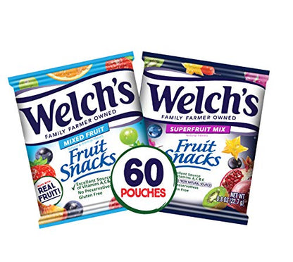 Welch's Fruit Snacks, Mixed Fruit & Berries 'N Cherries Bulk Variety Pack, Perfect for School Lunches, Gluten Free, 0.8 oz Individual Single Serve Bags (Pack of 60)