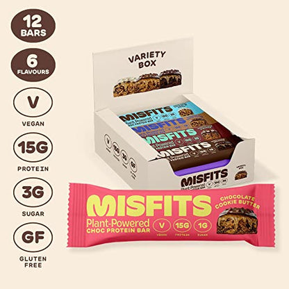 Misfits Vegan Protein Bar, Variety Pack, Plant Based Chocolate Protein Bars, High Protein Snacks for Adults with 15g Plant Protein Per Bar, Low Carb, 1g Sugar, High Fiber, Healthy Snack Food, 12 Pack