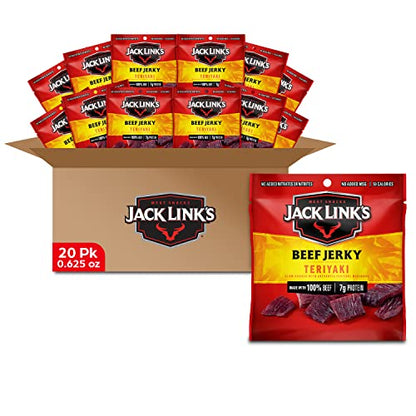 Jack Link's Beef Jerky, Original, Multipack Bags – Flavorful Meat Snacks for Lunches, Ready to Eat, Individual Packs - 7g of Protein, Made with 100% Beef – 0.625 oz (Pack of 20)