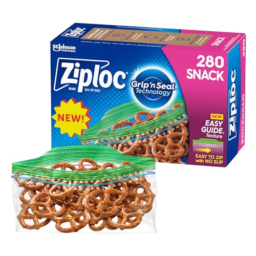 Ziploc Snack Bags with EasyGuide Texture, Plastic Storage Bags with Grip 'n Seal Technology, 280 Count