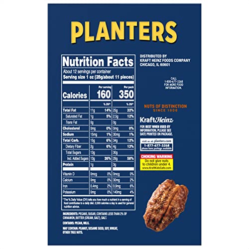 PLANTERS Roasted Pecan Nuts, Party Snacks, Plant-Based Protein, Nuts for Baking, Quick Snack for Adults, After School Snack, Roasted Pecans, Flavored with Sea Salt, Kosher, 7.25oz Canister