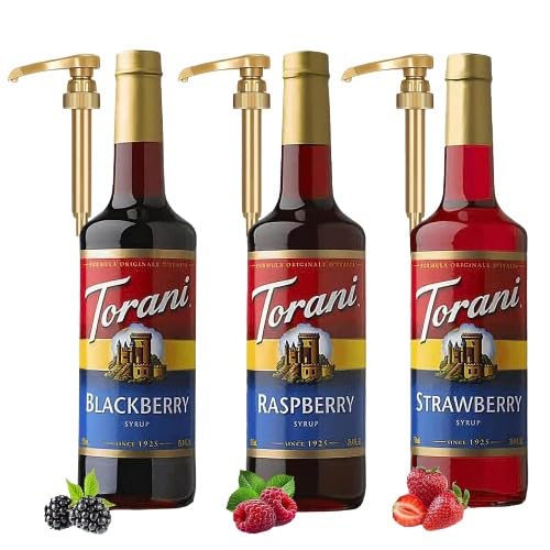 Torani Berry Lovers Raspberry, Strawberry, Blackberry - Syrup For Italian Soda Flavoring 3 Pack with 3 Jimoco Pump Dispensers