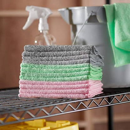 Amazon Basics Microfiber Cleaning Cloths, Non-Abrasive, Reusable and Washable, Pack of 24, Green/Gray/Pink, 16" x 12"