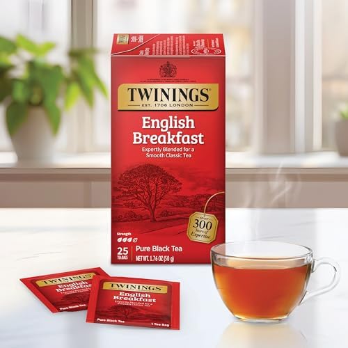 Twinings English Breakfast Black Tea, 100 Individually Wrapped Tea Bags, Smooth, Flavourful, Robust, Caffeinated, Enjoy Hot or Iced