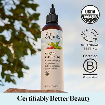 Sky Organics Castor Oil (2x16oz) USDA Organic Cold-Pressed Unrefined100% Pure Hexane-Free Castor Oil Conditioning & Healing For Dry Skin, Hair Growth for Eyelashes & Eyebrows with Exclusive Ebook