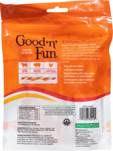 Good'n'Fun Triple Flavor Twists, Dog Chew Sticks, Premium Chicken and Beef Hide Treats for Dogs, 70 Count