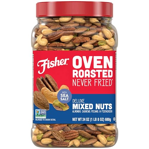 Fisher Oven Roasted Never Fried Deluxe Mixed Nuts, 24 Ounces (Pack of 1), Almonds, Cashews, Pecans, Pistachios, Snacks for Adults, Made With Sea Salt, No Added Oil, Artificial Ingredients or Preservatives, Trail Mix, Gluten Free