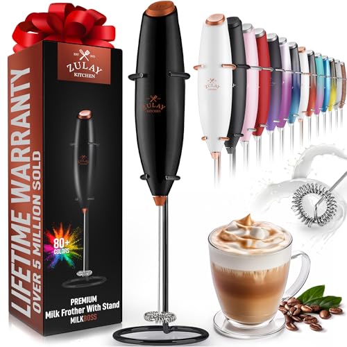 Zulay Powerful Milk Frother (4 Duracell Batteries Included) - Handheld Milk Frother Wand Drink Mixer for Coffee - Powerful Milk Foamer for Cappuccino, Frappe, Matcha & Coffee Creamer - Black