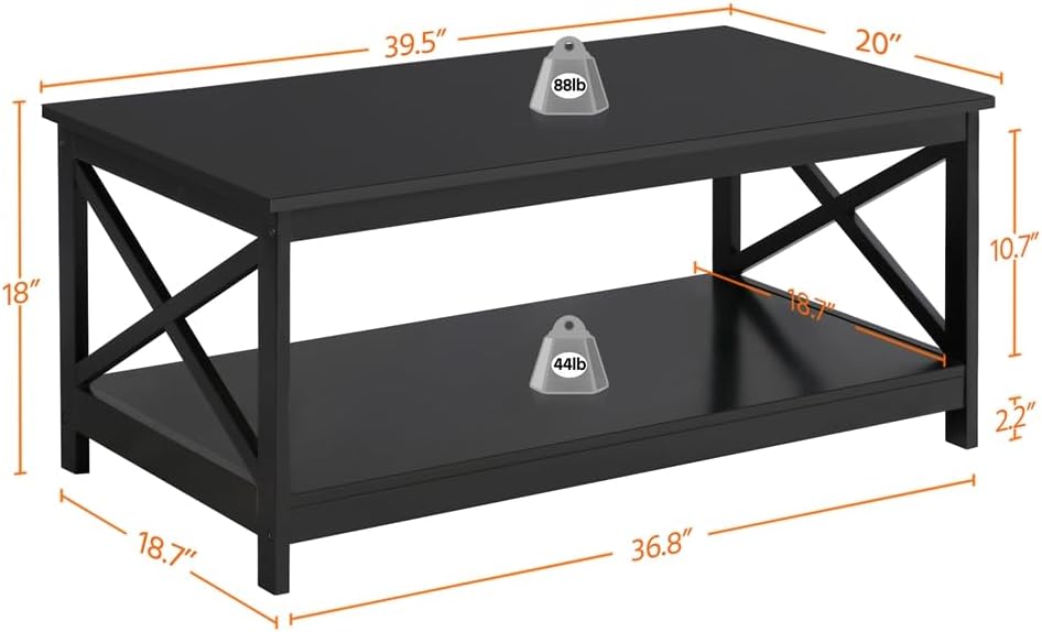 Yaheetech Wood 2-Tier Black Coffee Table with Storage Shelf for Living Room, X Design Accent Cocktail Table, Easy Assembly Home Furniture, 39.5 x 21.5 x 18 Inches