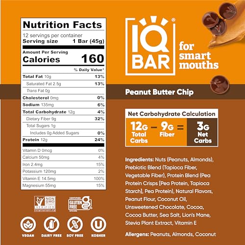 IQBAR Brain and Body Plant Protein Bars - Almond Butter Chip - 12 Count, Low Carb, High Fiber, Gluten Free, Vegan Snacks - Low Sugar Keto Energy Bars