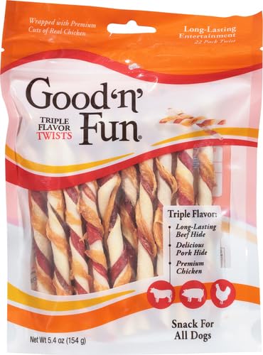 Good'n'Fun Triple Flavor Twists, Dog Chew Sticks, Premium Chicken and Beef Hide Treats for Dogs, 70 Count