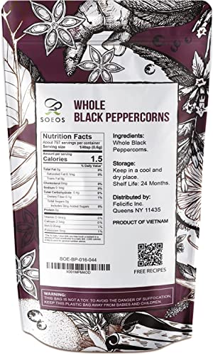 Soeos Black Peppercorns, 16oz (Pack of 1), Non-GMO, Kosher, Packed to Keep Peppers Fresh, Peppercorn for Grinder Refill, Whole Peppercorns