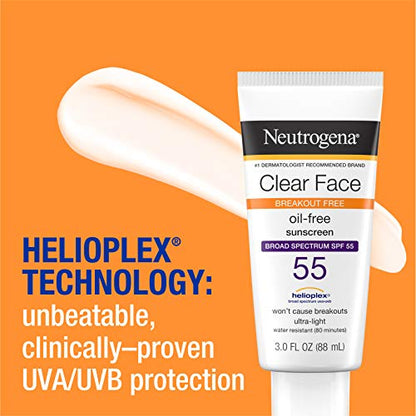 Neutrogena Clear Face Liquid Sunscreen for Acne-Prone Skin, Broad Spectrum SPF 30 Sunscreen Lotion with Helioplex, Oxybenzone-Free, Oil-Free, Fragrance-Free; Non-Comedogenic, 3 fl. oz