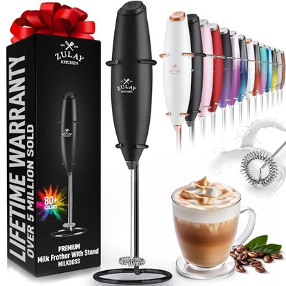 Zulay Powerful Milk Frother (4 Duracell Batteries Included) - Handheld Milk Frother Wand Drink Mixer for Coffee - Powerful Milk Foamer for Cappuccino, Frappe, Matcha & Coffee Creamer - Black