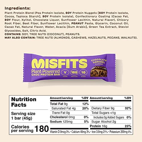 Misfits Vegan Protein Bar, Variety Pack, Plant Based Chocolate Protein Bars, High Protein Snacks for Adults with 15g Plant Protein Per Bar, Low Carb, 1g Sugar, High Fiber, Healthy Snack Food, 12 Pack