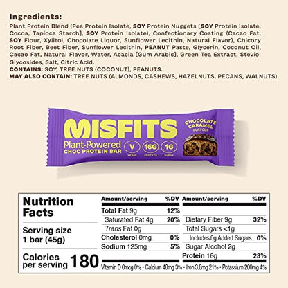 Misfits Vegan Protein Bar, Variety Pack, Plant Based Chocolate Protein Bars, High Protein Snacks for Adults with 15g Plant Protein Per Bar, Low Carb, 1g Sugar, High Fiber, Healthy Snack Food, 12 Pack