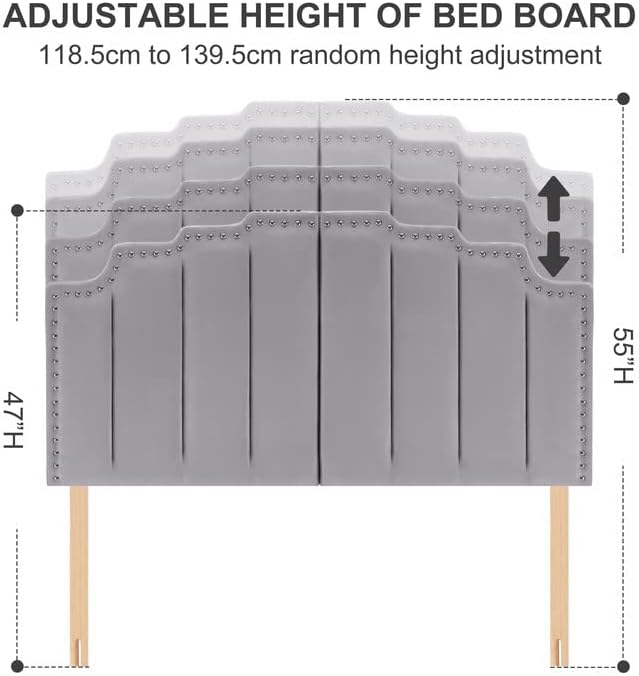 Kingfun Mid Century Headboard for Queen Size Bed, Velvet Upholstered Tufted Bed Headboard with Nailhead Decor, Adjustable Curved Solid Wood Head Board Vertical Channel Design (Medium Grey)