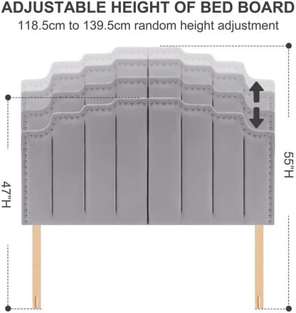 Kingfun Mid Century Headboard for Queen Size Bed, Velvet Upholstered Tufted Bed Headboard with Nailhead Decor, Adjustable Curved Solid Wood Head Board Vertical Channel Design (Medium Grey)