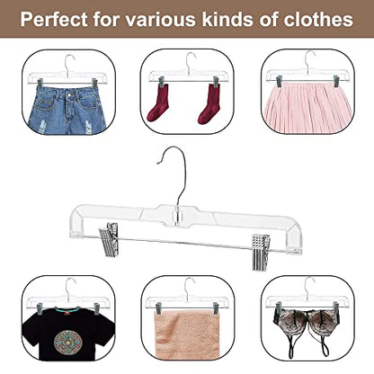 HOUSE DAY 12 Pack 14 inch Clear Plastic Skirt Hangers with Adjustable Clips, Pants Hangers 360-Rotating Swivel Hook, Clip Hangers for Pants, Trousers, Skirts, Jeans, Bulk Plastic Hangers