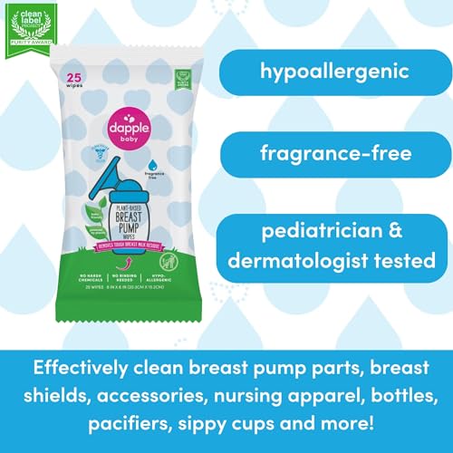 Breast Pump Wipes by Dapple Baby, 25 Count (Pack of 3), Fragrance Free, Plant Based & Hypoallergenic Breast Pump Wipes - Removes Milk Residue, Leaves No Taste - Convenient Wipes Pouch