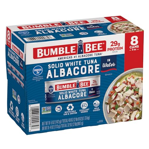 Bumble Bee Solid White Albacore Tuna in Water, 5 oz Can (Pack of 8) - Wild Caught Tuna - 29g Protein per Serving, High in Omega-3s - Non-GMO Project Verified, Gluten Free, Kosher