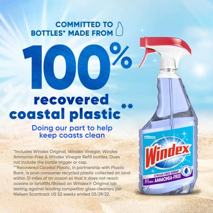 Windex Ammonia-Free Glass and Window Cleaner Spray Bottle, Bottle Made from 100% Recovered Coastal Plastic, Crystal Rain Scent, 23 Fl Oz