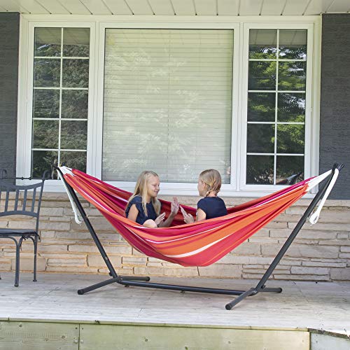 Vivere Double Hammock with Space Saving Steel Stand, Natural (450 lb Capacity - Premium Carry Bag Included)