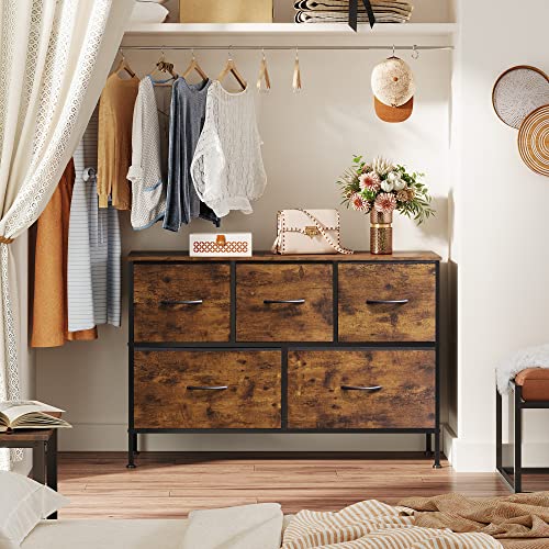 WLIVE Dresser for Bedroom with 5 Drawers, Wide Chest of Drawers, Fabric Dresser, Storage Organizer Unit with Fabric Bins for Closet, Living Room, Hallway, Rustic Brown Wood Grain Print