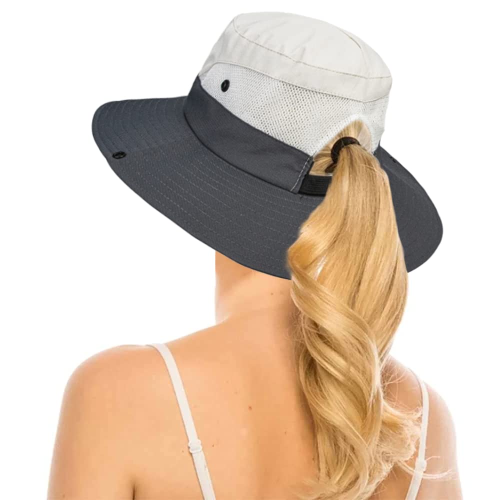 Women's Outdoor UV-Protection-Foldable Sun-Hats Mesh Wide-Brim Beach Fishing Hat with Ponytail-Hole