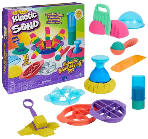 Kinetic Sand Ultimate Sandisfying Set, 2lb of Pink, Yellow and Teal Play Sand, 10 Molds and Tools, Sensory Toys for Kids Ages 7+