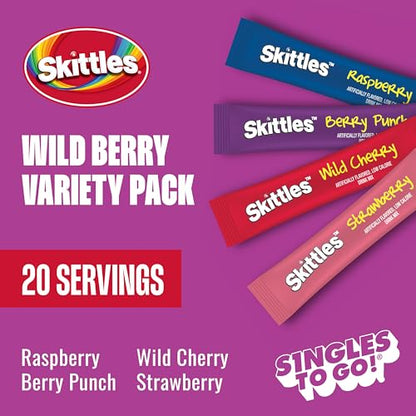 Skittles Singles To Go Variety Pack, Watertok Powdered Drink Mix, Zero Sugar, Low Calorie, Includes 4 Flavors, 1 Box (20 Single Servings) (Wild Berry)