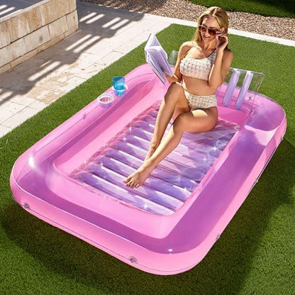 Sloosh Inflatable Tanning Pool Lounge Float, 70" x 46" Suntan Tub Raft Floatie, Tanning Pool with Pillow, Personal Pool Lounger for Adult Summer Water Party, L-Blue