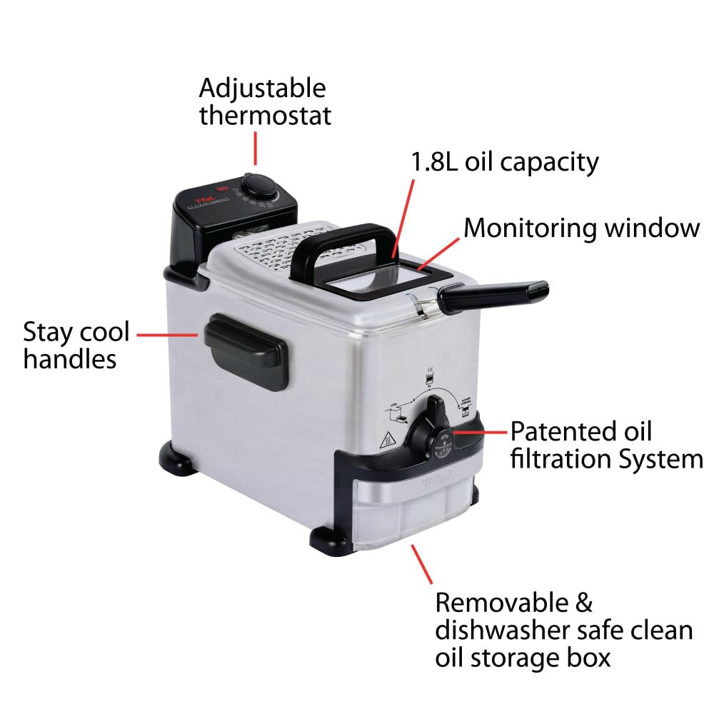 T-fal 3.5L Stainless Steel Deep Fryer with Basket, 1700W, Oil Filtration, Temp Control, Digital Timer, Dishwasher Safe Parts