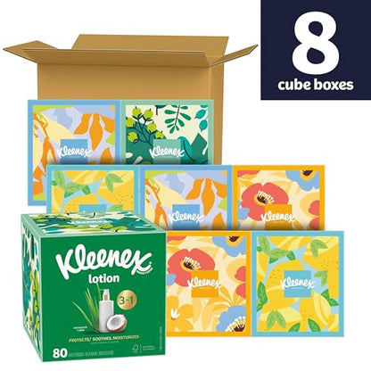 Kleenex Lotion Facial Tissues with Coconut Oil, 8 Cube Boxes, 80 Tissues Per Box, 3-Ply