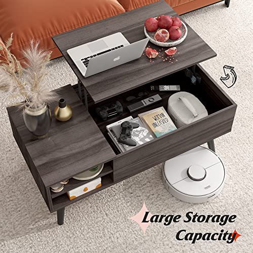 WLIVE Wood Lift Top Coffee Table with Hidden Compartment and Adjustable Storage Shelf, Lift Tabletop Dining Table for Home Living Room, Office, Rustic Oak