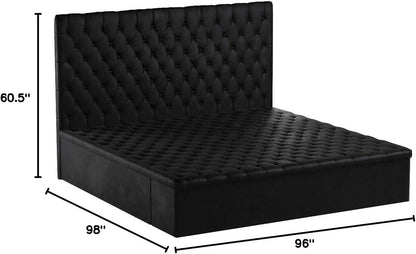 Meridian Furniture Bliss Collection Modern | Contemporary Velvet Upholstered Bed with Deep Button Tufting and Storage Compartments in Rails and Footboard, Black, King